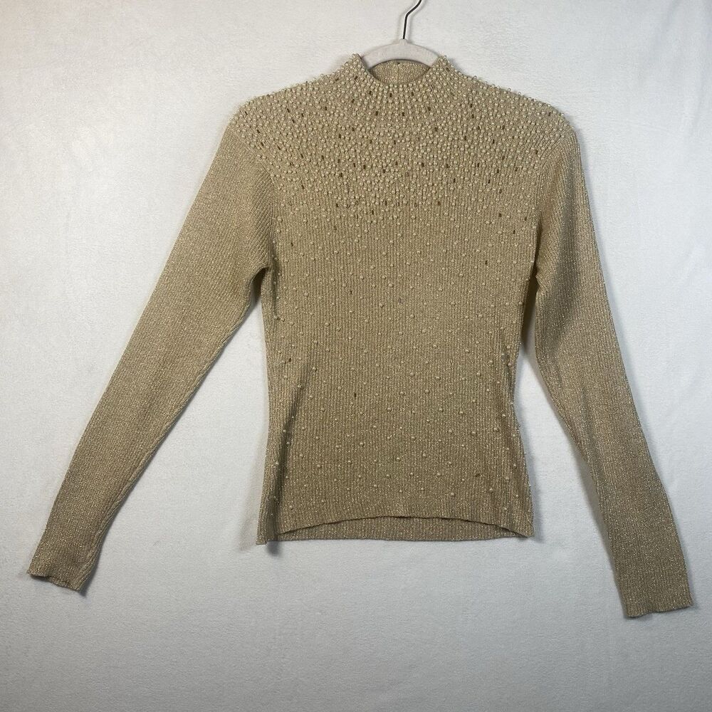 Cache Gold Metallic Pearl Embellished Mock Neck Sweater M Back Zip Beaded Knit